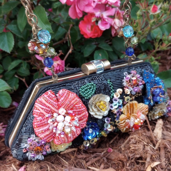 Mary Frances Handbags - Mary Frances Beaded Black & Multicolored Floral Bag